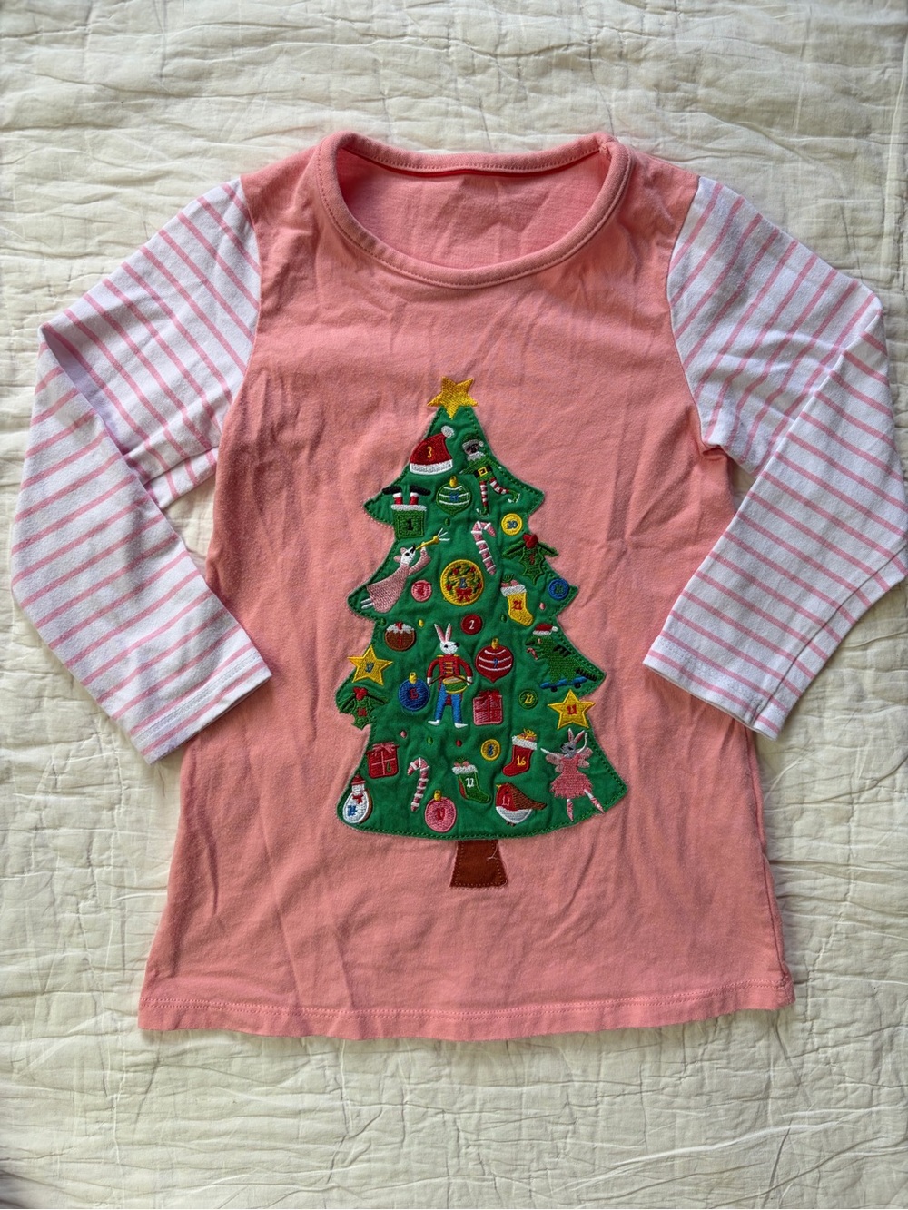 Girls' Pink Long-Sleeve Top with Festive Christmas Tree Applique